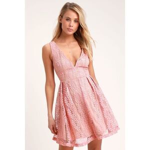 Lulus All of My Heart Blush Pink Lace Skater Dress Size S‎